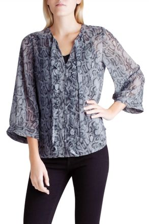 Kensie Neck Tie Long Sleeve Top In Snakeskin