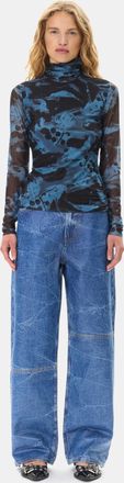 Ganni Blue Printed Mesh Long Sleeve Rollneck Top in Blue Shadow Size 10 Womens