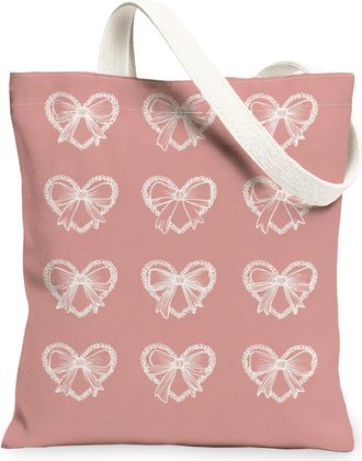 Generic Vintage Elegant Canvas Tote Bags, Heart Bow Pattern Reusable Grocery Bags, Stylish Lightweight Washable Shoulder Strap Canv, Peach, 13x15 Inch