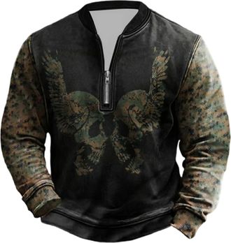Generic Mens Quarter Zip Sweatshirt Plus Size Vintage Hiking Pullover with 3D Norse Myth Print Warm Long Sleeve Fashion Top