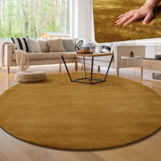 Paco Home Paco Home Alfombra Moderna Para Sal&oacute;n A Pelo Corto Lavable Suave Uni Efecto Piel Antideslizante Amarillo, &Oslash; 200 Cm Redon