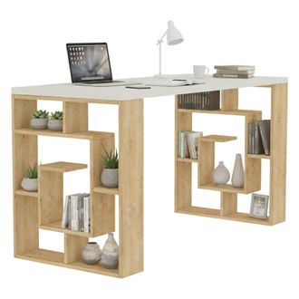 Dmora Escritorio Archidamia, Estructura Marr&oacute;n, Superficie De Madera Noble, Estante Blanco, 140x60x75h Cm Blanco
