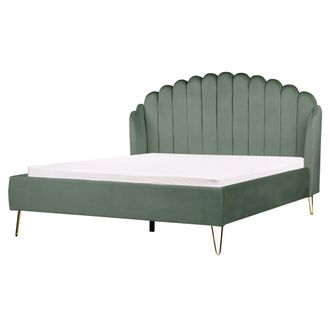 Beliani Cama Con Somier De Terciopelo Verde 160 X 200 Cm Cabecero Ambillou