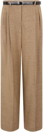 Dolce & Gabbana Geviseerde Wijde Broek - Dames - Straight fit broeken - Bruin - S - Linnen - Broeken