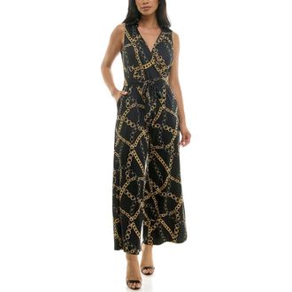 Nina Leonard Sleeveless Faux Wrap Jumpsuit in Black Multi at Nordstrom Rack, Size X-Large