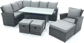 Fimous Fimous Outdoor Furniture Garden Dining Set Rattan Corner Sofa Set with 3 Footstools Armchair Dark Grey Mixed