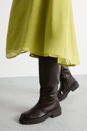 Faith Womens : Daphne Faux Leather Back Elastic Chunky Knee Boots - Chocolate - Size UK 4