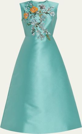 Reem Acra Embroidered Mikado Silk Sleeveless Midi Dress