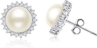 MAX + STONE Sterling Silver Cultured 7-7.5mm Button Pearl Halo Stud Earrings