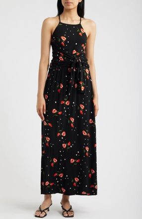 Loveappella Floral Print Apron Maxi Dress in Black/red at Nordstrom, Size X-Large