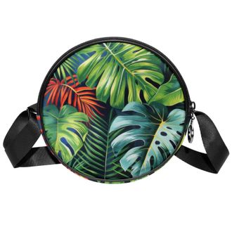 Generic Circle Crossbody Bag for Women, Tropical Plants Small Sling Bag Daypack with Zipper Adjustable Shoulder Straps Casual Ladies Girls Round Purse