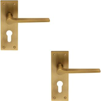 Loops 2x PAIR Flat Straight Lever on Slim Euro Lock Backplate 150 x 50mm Antique Brass