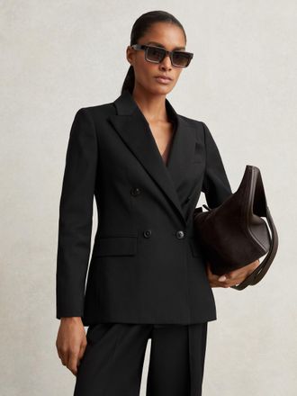 Reiss Black Wool Blend Double Breasted Suit Blazer, 10