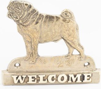 OEM Pug, Carlin: Un Cartel Para Puerta Con Un Perro, Una Placa De Bienvenida De Lat&oacute;n, Un Cartel &Uacute;nico Con La Palabra Bienvenido De Art-dog