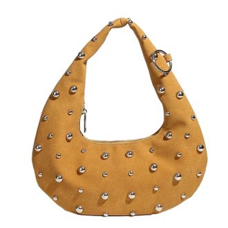 Generic Womens Studded Hobo Shoulder Bag, Punk Style Dumpling Handbag with Zip Closure, Soft Faux Leather Underarm Bag (yellow)