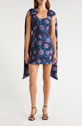 Sugarlips Nicole Floral Jacquard Bow Minidress in Navy-Multi at Nordstrom, Size X-Small