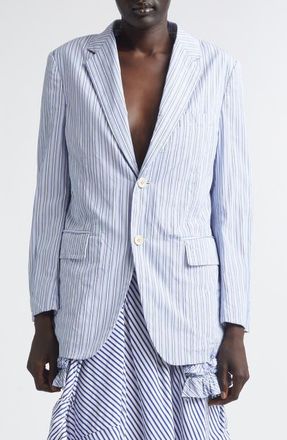 Comme Des Gar&ccedil;ons Stripe Ruffle Hem Single Breasted Cotton Blazer in Sax/White/Navy at Nordstrom, Size X-Small