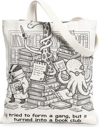 Generic Fanciful Animals Canvas Tote Bags, Vintage Book Club Design Reusable Grocery Bags, Lightweight Washable Shoulder Strap Canv, White, 13x15 Inch