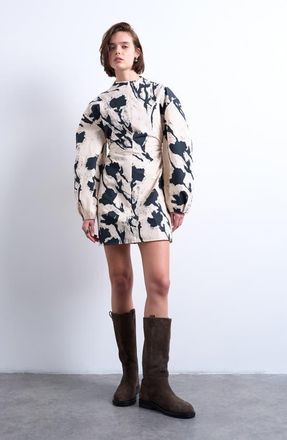 Topshop Balloon Sleeve Cinch Waist Minidress in Ivory Multi at Nordstrom, Size 10 Us