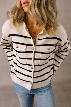 Azura Exchange Womens Striped Knit Cardigan With Pockets - Ivory Viscose - Size X-Large