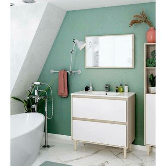 Dmora Mobile sottolavabo Berillo, Sotto lavabo bagno, Mobiletto da bagno con specchio, Lavabo non incluso, 80x45h80 cm, Bianco lucido e Rovere - Dmora