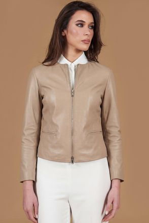 D'Arienzo Giacca corta in pelle color sabbia girocollo effetto liscio DArienzo, Seleziona Taglia S, Colore Beige