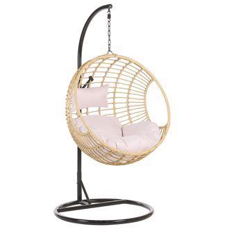 Beliani Silla Colgante De Rat&aacute;n Cesta Redonda Color Natural Con Cojines Y Marco De Metal Estilo Boho Aspio