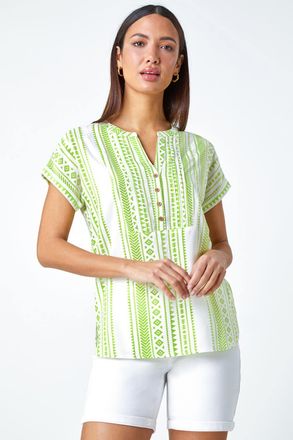 Roman Aztec Print Button V-Neck Detail Top