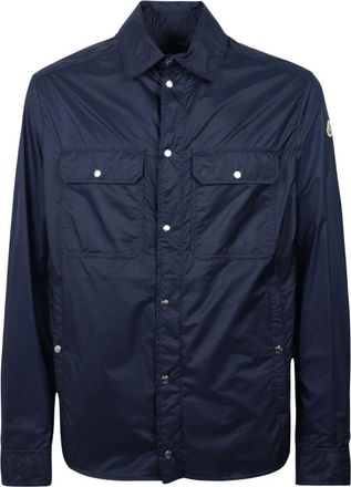 Moncler Logo Patch Long Sleeve Shirt - Heren - Zomerjassen - Blauw - S - Nylon - Jassen