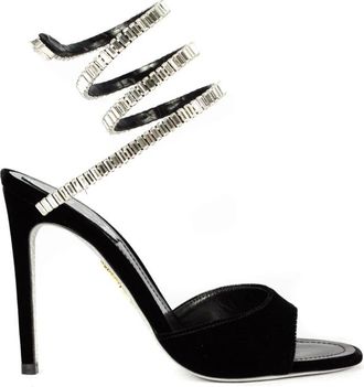 Rene Caovilla Zwarte Velvet Spark Sandalen met Strass - Dames - Sandalen met hakken - Zwart - 38 1/2 EU - Schoenen