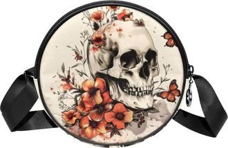Generic Circle Crossbody Bag for Women, Skulls Flowers Small Sling Bag Daypack with Zipper Adjustable Shoulder Straps Casual Ladies Girls Round Purse