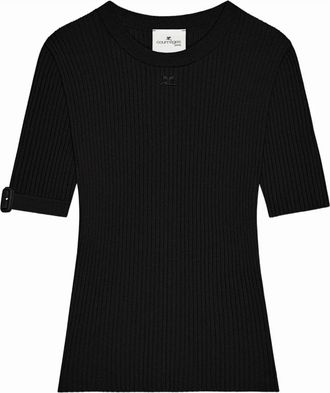 Courr&egrave;ges Ribgebreide Top met Logo - Dames - T-shirts - Zwart - XS - Polyester - Tops