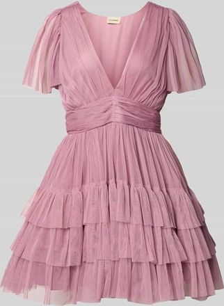 Lace & Beads Cocktailkleid mit tiefem V-Ausschnitt in Rose, Gr&ouml;&szlig;e XXS