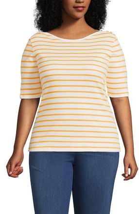 Lands End Plus Size Supima Cotton Elbow Sleeve Boatneck Button Shoulder Tee in White at Nordstrom, Size X-Small P