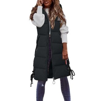 Generic Padded Gilet For Women Uk Casual Soild Longline Hood Waistcoat Loose Fit Zip Windproof Trench Coat Lightweight Walking Gilet Warm Overcoat Heated Puff