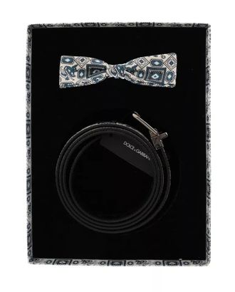 Dolce & Gabbana White Blue Silk Bowtie Leather Belt Gift Box Mens Set