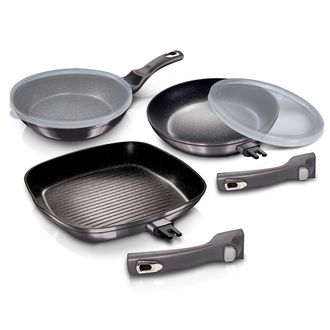 Berlinger Haus Carbon Pro Set 2 Sartenes Y Grill 20-24-28cm Inducci&oacute;n, Aluminio Forjado, Antiadherente, Mangos Extra&iacute;bles Gris Oscuro - Berlinger Haus
