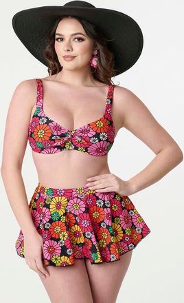 Unique Vintage Molded Cup & Bow Swim Top in Black Floral at Nordstrom, Size X-Large