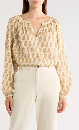 Paige Olvera Print Cotton Split Neck Top in Bone Multi at Nordstrom, Size Xx-Small