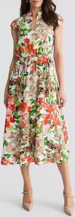 Kasper Floral Print Cap Sleeve Midi Dress in Vanilla Ice Multi at Nordstrom, Size 10