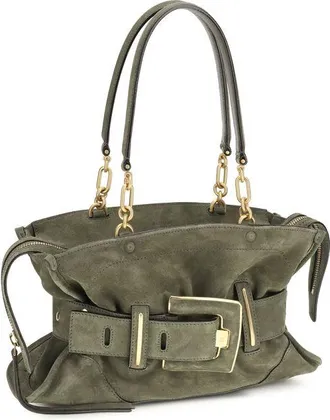 Balmain Womens Anthem Shoulder Bag Green Calf Suede