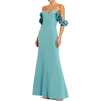 Mac Duggal Crepe Off The Shoulder Gown With 3D Flowers in Teal at Nordstrom, Size 12