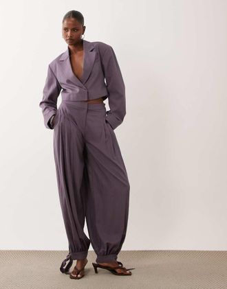 Asos pantaloni sartoriali balloon con fondo annodato coordinati in malva-Marrone