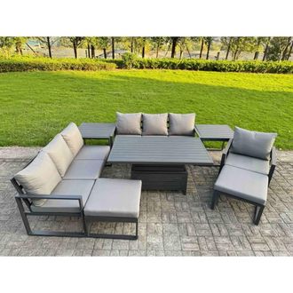 Fimous Aluminum 9-Seater Patio Set with Lifting Table & 2 Side Tables in Dark Grey