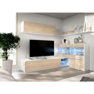 Dmora Dmora - Mueble de pared Daade, Conjunto modular de salón esquinero, Mueble de salón multiposición con luz led, 260x41h180 cm, Roble y Blanco
