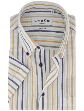 Led&ucirc;b beige overhemd Ledub gestreept donkerblauwe knopen 100% katoen