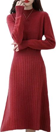 Generic Womens Merino Wool Knit Dress Crewneck Pullover Long Sleeve Solid A-Line Midi Dresses Red XXL