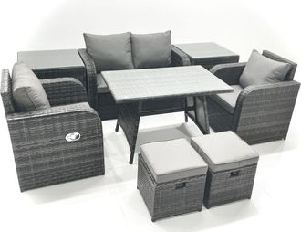 Fimous Outdoor Garden Furniture Set Rattan Sofa Dining Table Set with Reclining Chair 2 Small Footstool 2 Side Table Dark Grey Mixed - Fimous