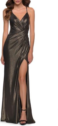 La Femme Criss Cross Ruched Metallic Prom Dress with Slit in Black/gold at Nordstrom, Size 00