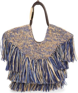 Zimmermann Small Goldentime Fringe Raffia Tote Bag in Denim Blue at Nordstrom
